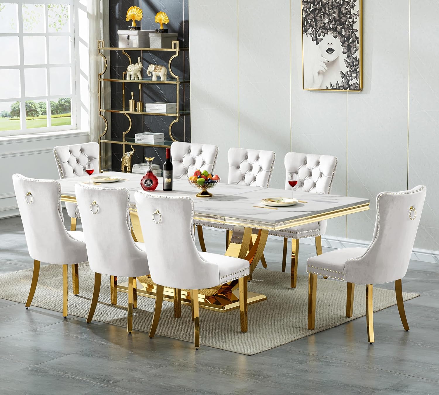 94 in Luxury Faux Marble Dining Table for 6 8 10 People, White Faux Marble Dining Table with Gold U Shaped Stainless Steel Base, Large Rectangular Modern Kitchen Dining Room Table for Family Gathering