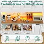 72" Tall 60" Wide Extra Large Pantry Storage Cabinet w/Power Outlet,LED Light,Farmhouse Kitchen Hutch Food Pantry Cabinet,3 Drawer,6 Doors Shelves,Storage Cart 3 Tier,for Kitchens,Dining Room,White