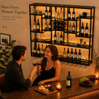 71in LED Wall Mounted Wine Rack with Stemware Holder and Wood Shelves | Combines warm LED lighting, 176 lb capacity and spacious bottle storage to create a practical, organized home bar display
