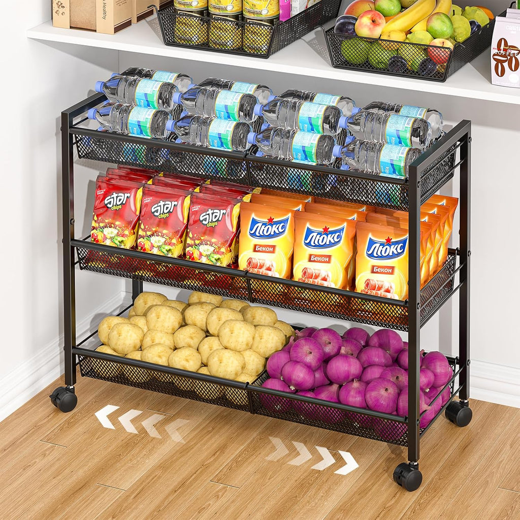 3IngSeagulls 3-Tier Expandable Rolling Pantry Floor Organizer, Stackable Pantry Storage Cart with Wheels, Kitchen Fruit and Vegetable Storage Rack for Onion, Potato, Food, Snacks