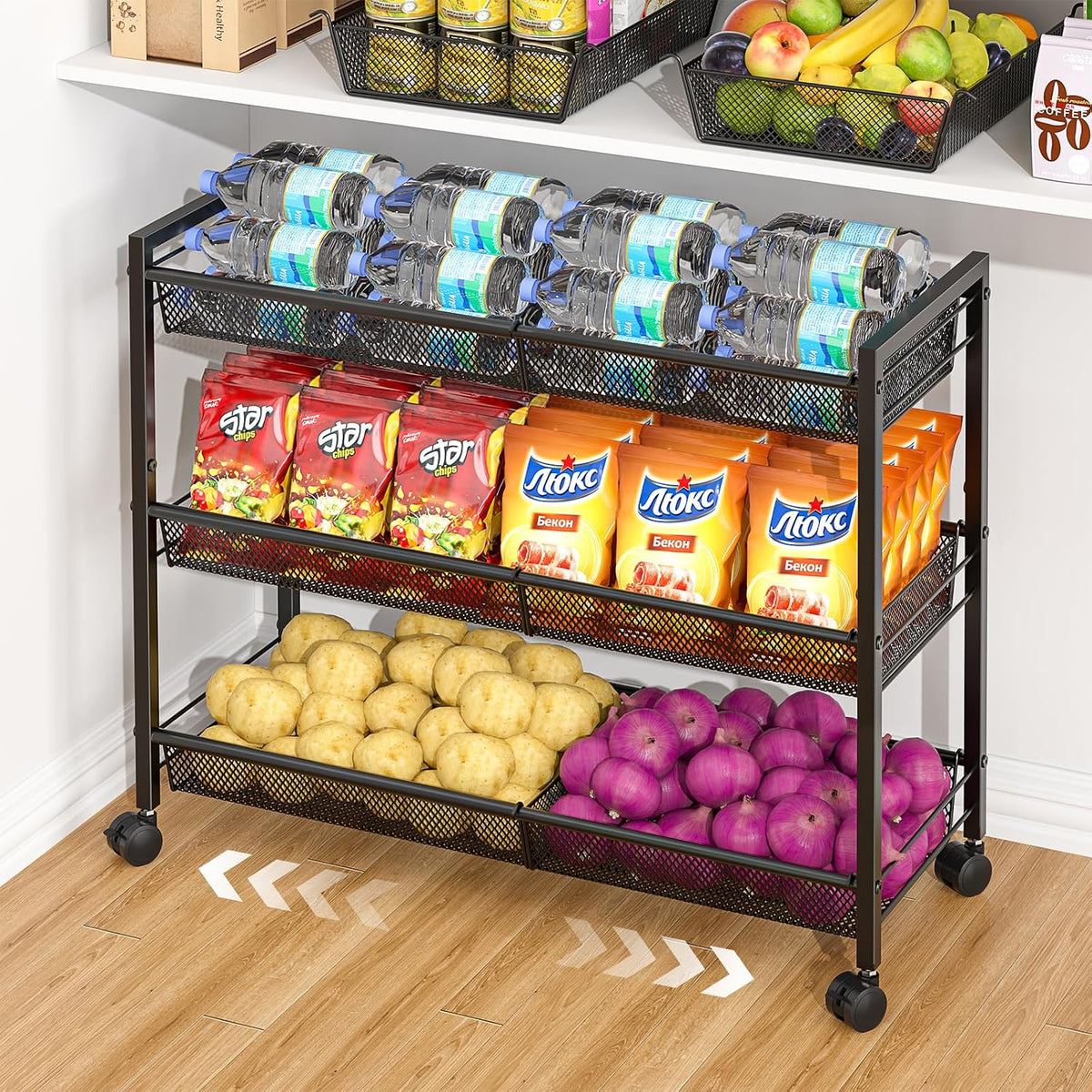 3IngSeagulls 3-Tier Expandable Rolling Pantry Floor Organizer, Stackable Pantry Storage Cart with Wheels, Kitchen Fruit and Vegetable Storage Rack for Onion, Potato, Food, Snacks
