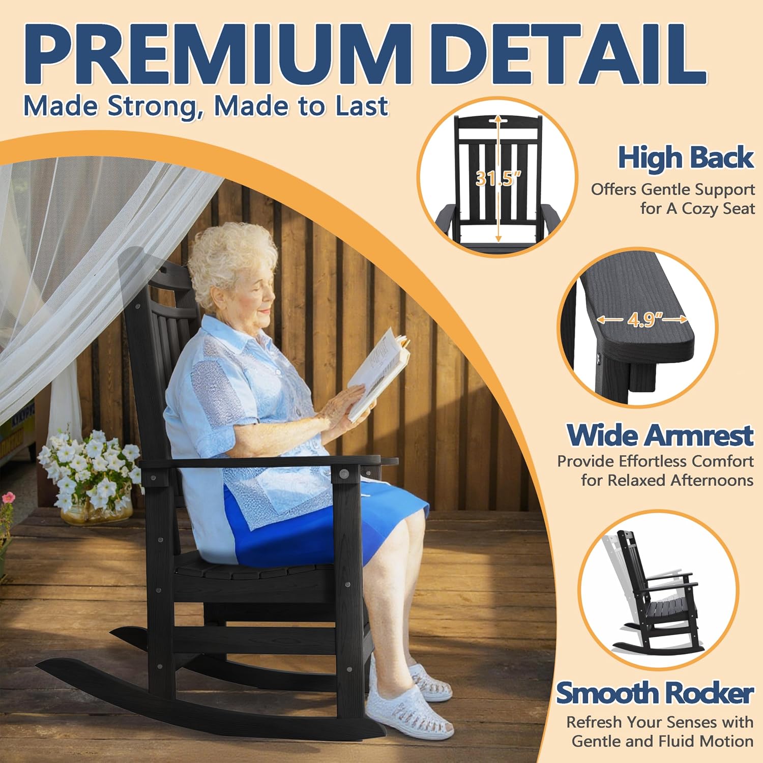 Outdoor Rocking Chair Oversized, HDPE All Weather Resistant Patio Rocker, 31.5" High Back 21.5" Deep Seat Oversized Porch Chairs for Lawn Garden Deck Balcony 400lbs Capacity(Black)