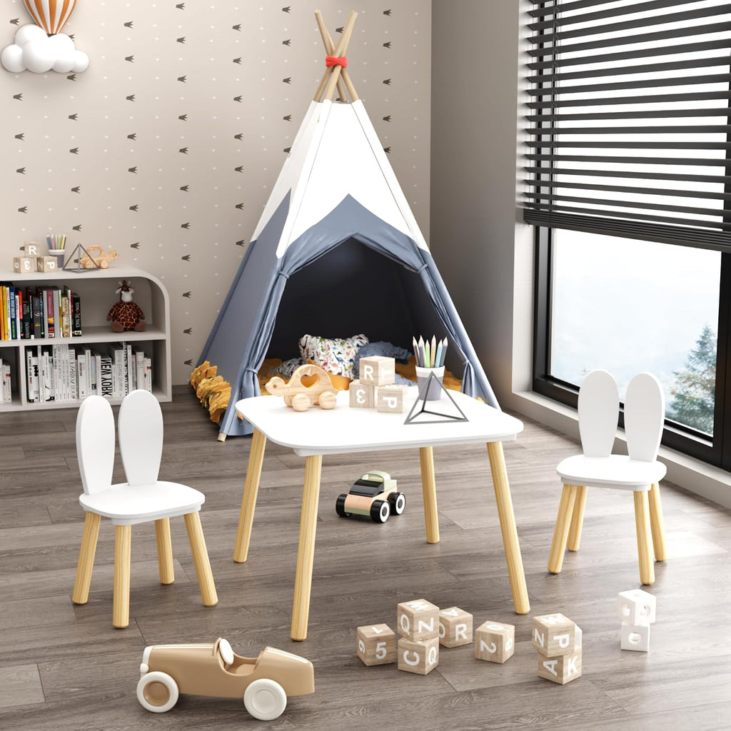 Kids Table and 2 Chairs Set, 3 Piece Wooden Toddler Table and Chair Set, White Activity Play Table and Chairs for Kids, Children's Art Desk Set (Rabbit Theme)