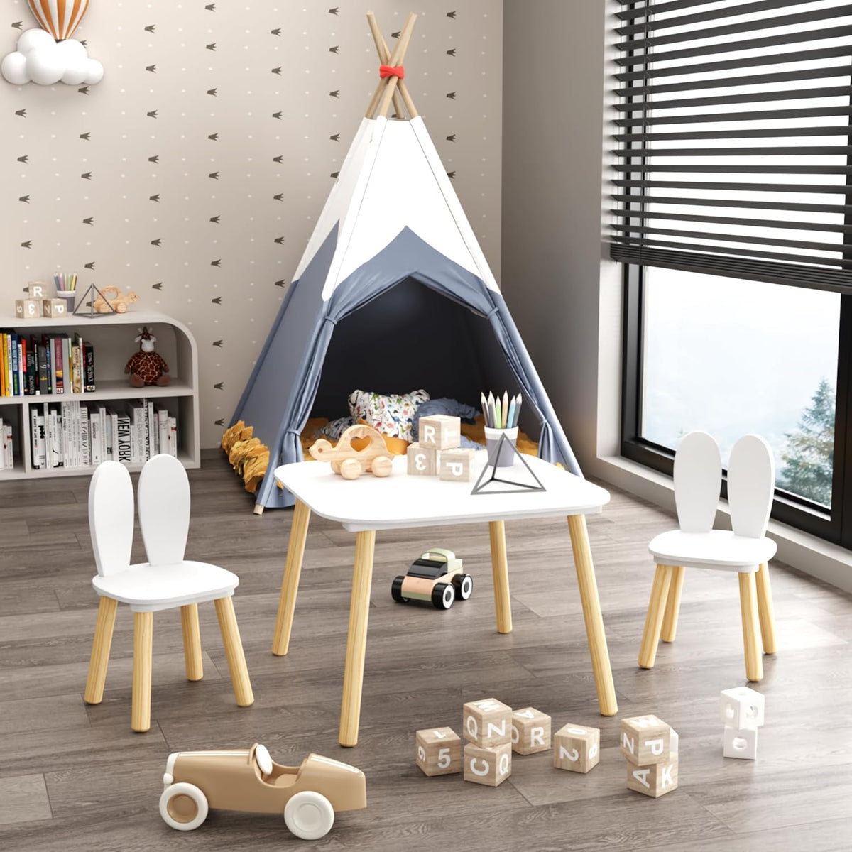 Rabbit Ear Kids Table and Chairs Set for Toddlers - White Wooden Childrens Play Table with 2 Chairs, 23.6 inch Kids Desk with Rounded Corners for Playroom (Solid Wood+MDF, White(Rabbit Ear))