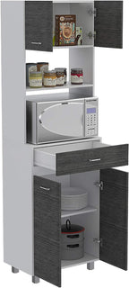 FM FURNITURE Auburn Microwave Pantry with 2 Cabinets, 2 Open Shelves, and Drawer, Smokey Oak/White
