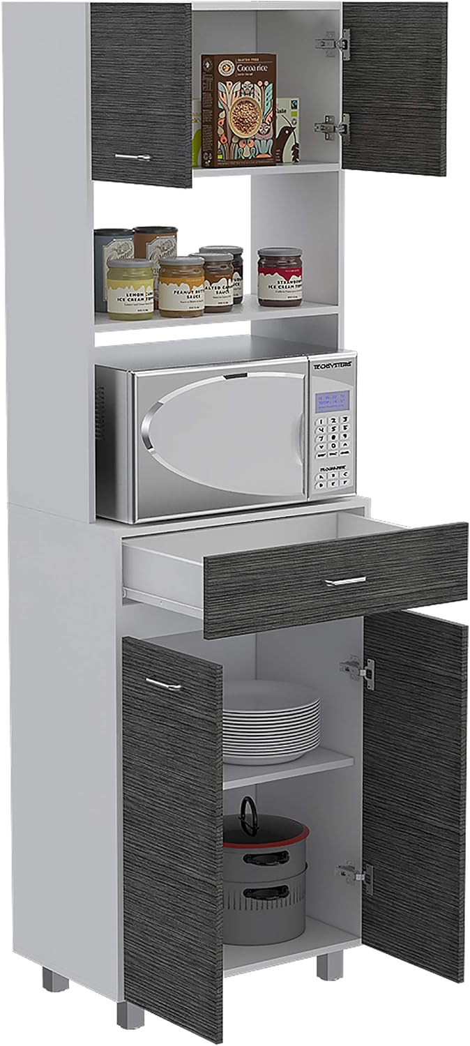FM FURNITURE Auburn Microwave Pantry with 2 Cabinets, 2 Open Shelves, and Drawer, Smokey Oak/White