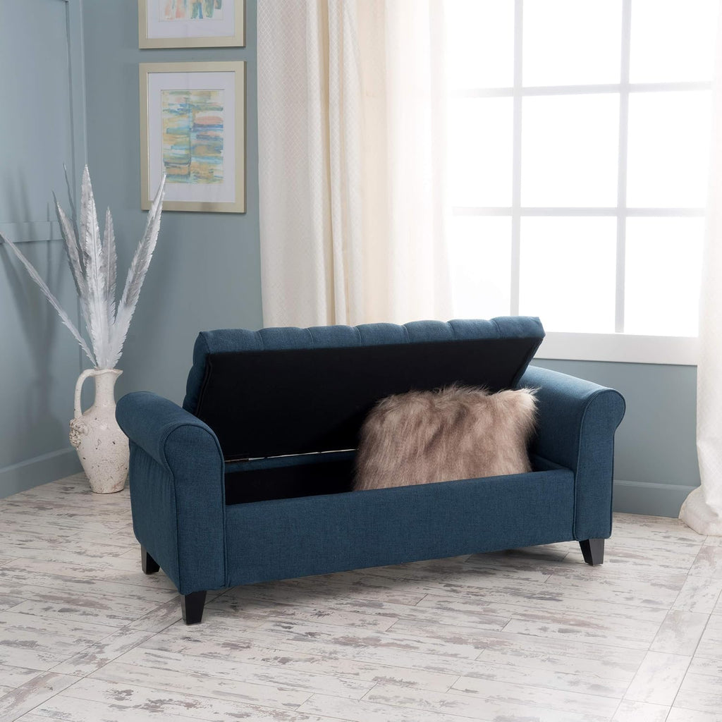 ‎GDF Studio Keiko Fabric Armed Storage Bench, Dark Blue, Dimensions: 19.75”D x 50.00”W x 20.5”H
