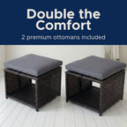 Outdoor Storage Ottoman (Set of 2) - All-Weather Wicker Patio Footstool with Washable Cushions - Sturdy Rattan Foot Rest & Hidden Box for Deck, Porch, Backyard & Balcony