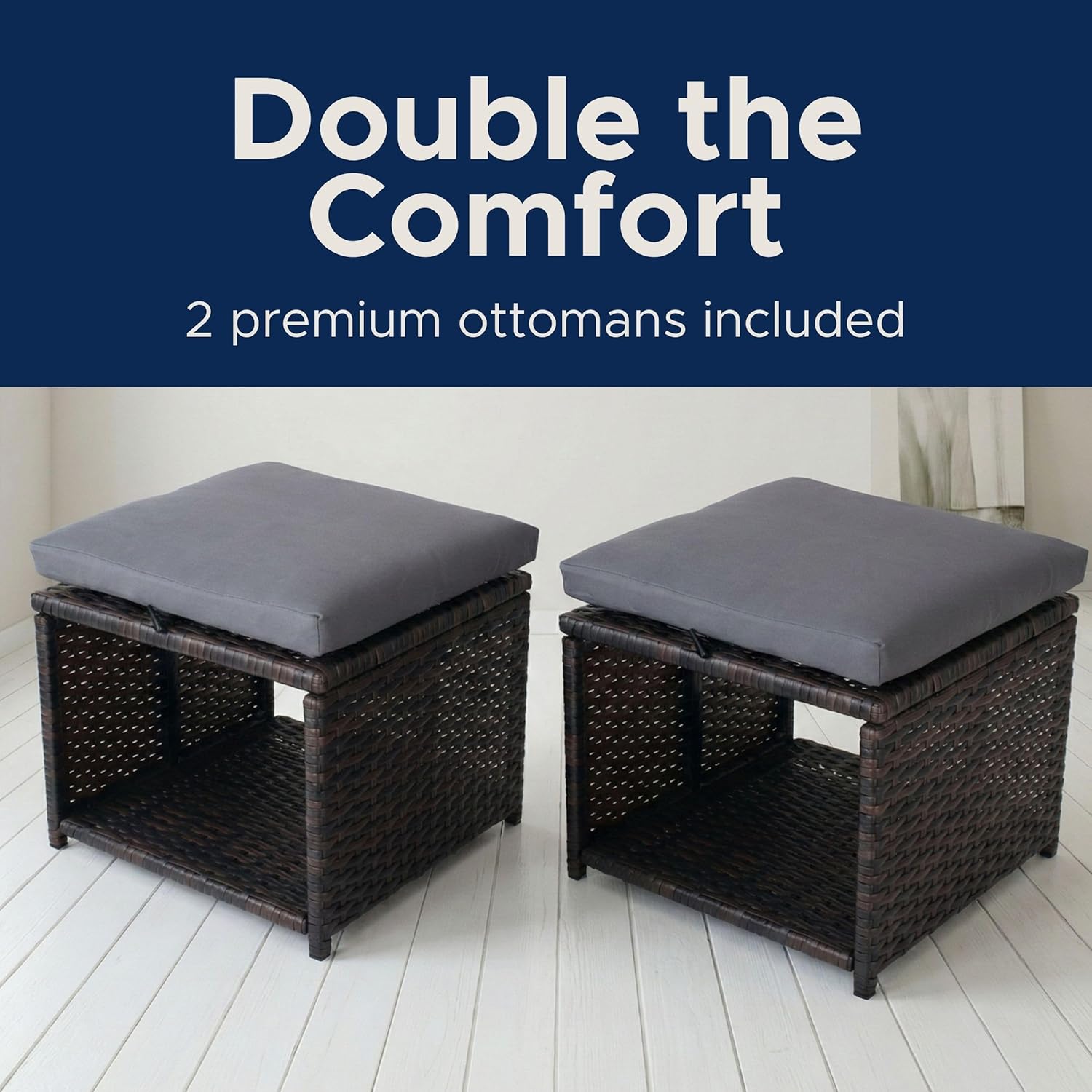 Outdoor Storage Ottoman (Set of 2) - All-Weather Wicker Patio Footstool with Washable Cushions - Sturdy Rattan Foot Rest & Hidden Box for Deck, Porch, Backyard & Balcony