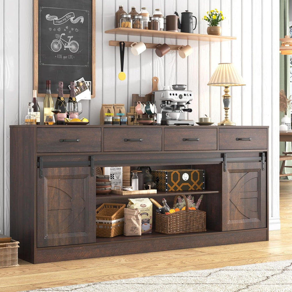 70” Large Buffet Sideboard Cabinet w/4 Drawer,Farmhouse Coffee Bar Cabinet Buffet with Storage,Sliding Door,Long Kitchen Buffet Table,Kitchen Sideboard Cabinet,Credenza for Dining Room,Brown