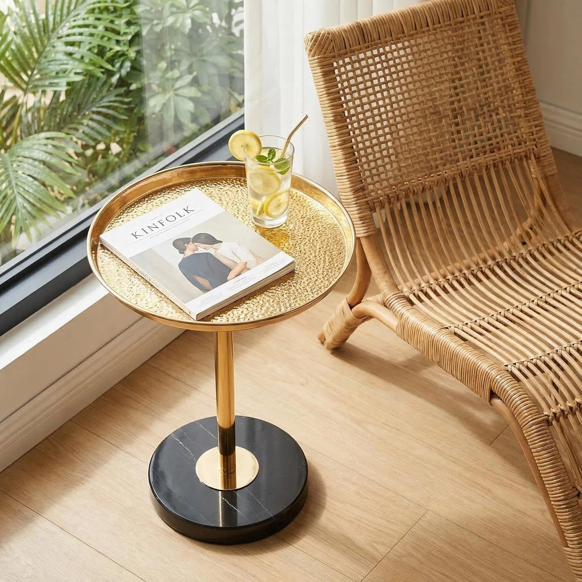 Adjustable Side Table, Small Tea Martini Table, Gold, Natural Marble Decorative Pedestal End Table for Display and Storage (Gold + Large)