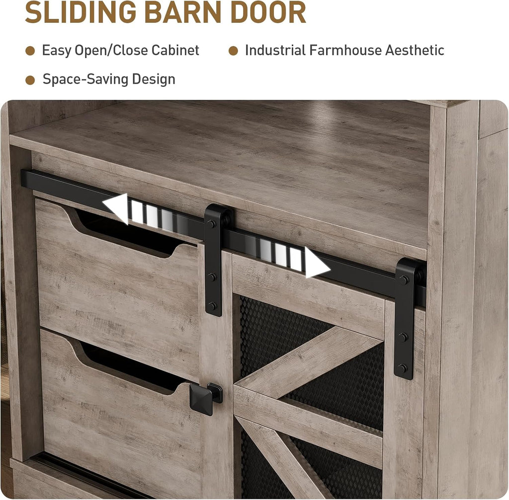RALGEND Farmhouse End Table with Charging Station, Sofa Side Table with 2 Drawers and Barn Door, Rustic Wooden Nightstand Bedside Table for Bedroom, Living Room, Greige