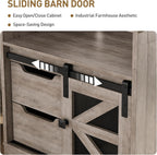 RALGEND Farmhouse End Table with Charging Station, Sofa Side Table with 2 Drawers and Barn Door, Rustic Wooden Nightstand Bedside Table for Bedroom, Living Room, Greige