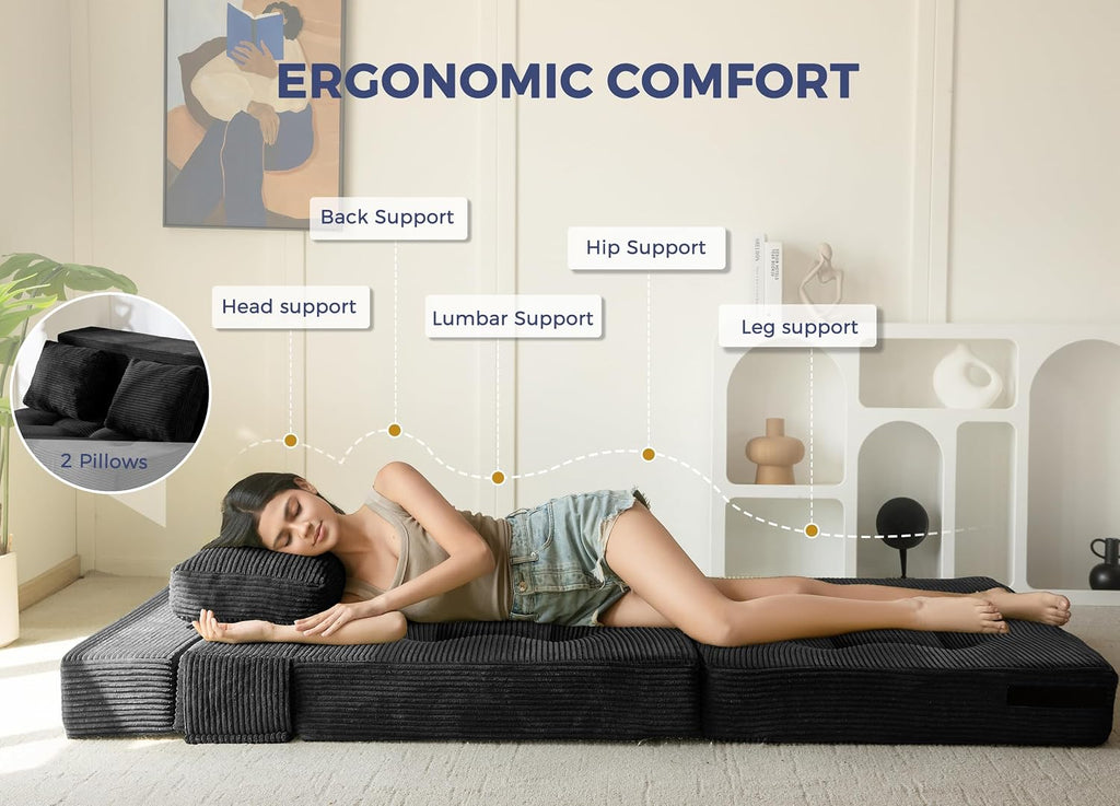 MAXYOYO Convertible Sofa Bed, Fold Out Sofa Couch with Pillow for Adults | Loveseat Sofa 4 in 1 Tufted Folding Couch Bed Foam Floor Couch, Lazy Chair for Living Room Bedroom Guest Room, Black