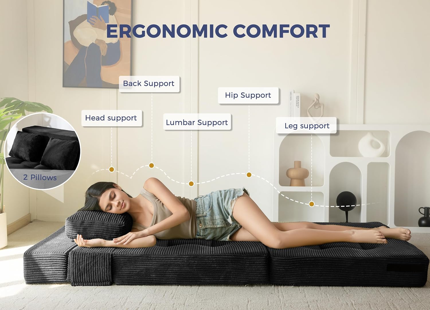 MAXYOYO Convertible Sofa Bed, Fold Out Sofa Couch with Pillow for Adults | Loveseat Sofa 4 in 1 Tufted Folding Couch Bed Foam Floor Couch, Lazy Chair for Living Room Bedroom Guest Room, Black