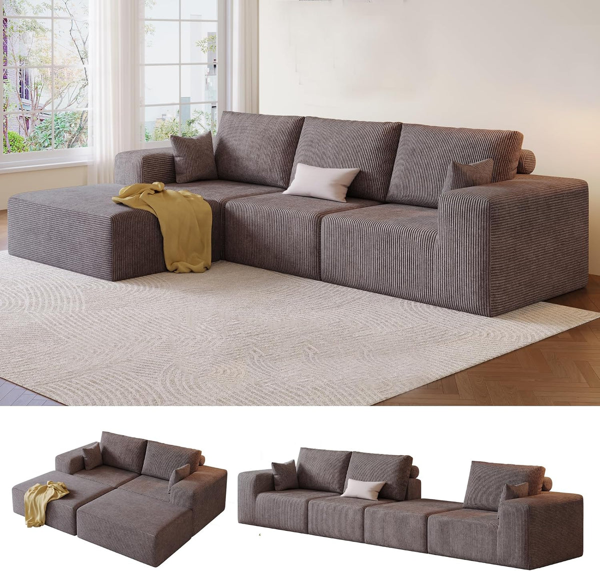109" Modular Sectional Sofa with Ottoman - L Shaped Oversized Deep Seat Cloud Couch for Living Room, Corduroy Fabric, No Assembly Required (Brown, 1 Ottoman)