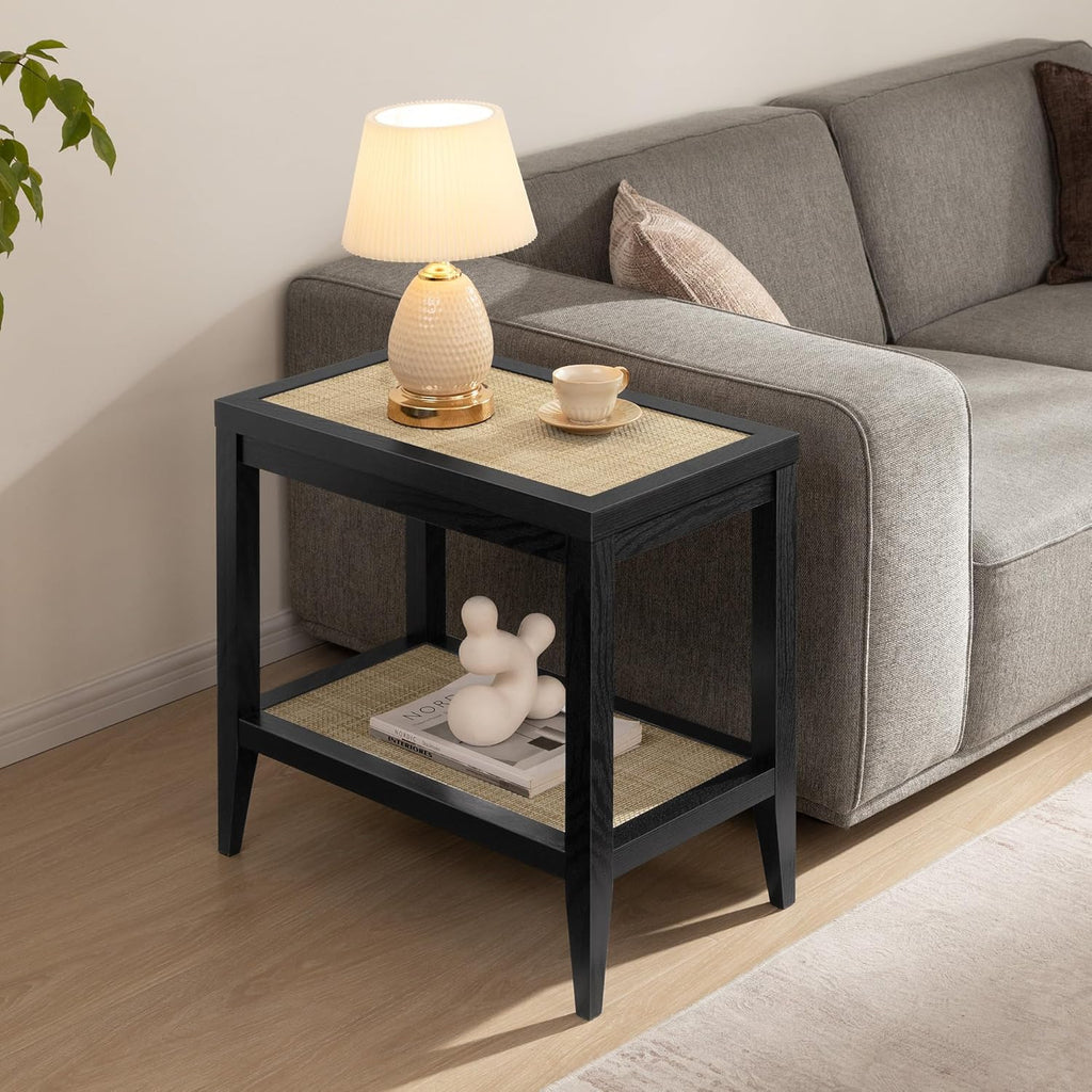 SICOTAS Rattan Nightstands Set of 2 - Boho Shelf Bedside Tables Narrow End Table Living Room Set of 2 Side Table with Storage Shelves for Small Space - Black Oak