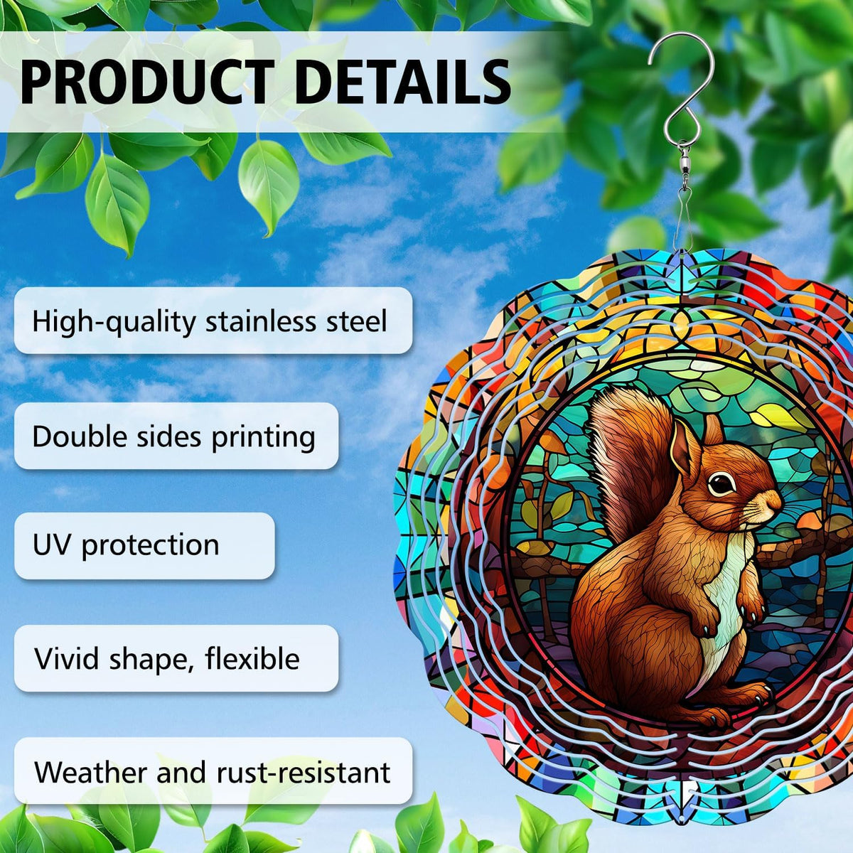 Squirrel Yard and Garden Wind Spinner, Unique 3D Hanging Squirrel Wind Spinner