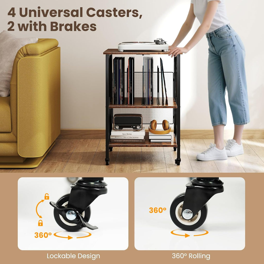 Giantex Record Player Stand with Charging Station, Turntable Stand with Record Storage & 4 Rolling Wheels, Vinyl Record Storage Table up to 250 Albums for Living Room, Bedroom (Dark Brown)