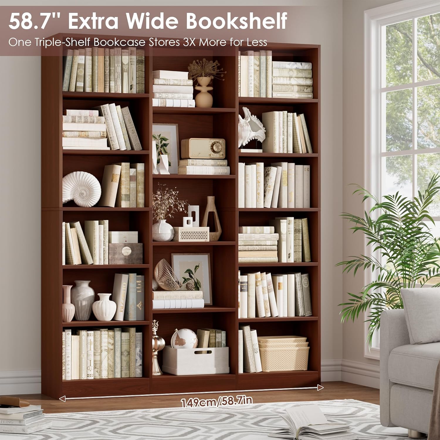 FACBOTALL Triple Wide Bookshelf, Large Bookshelf with 17 Display Shelves
