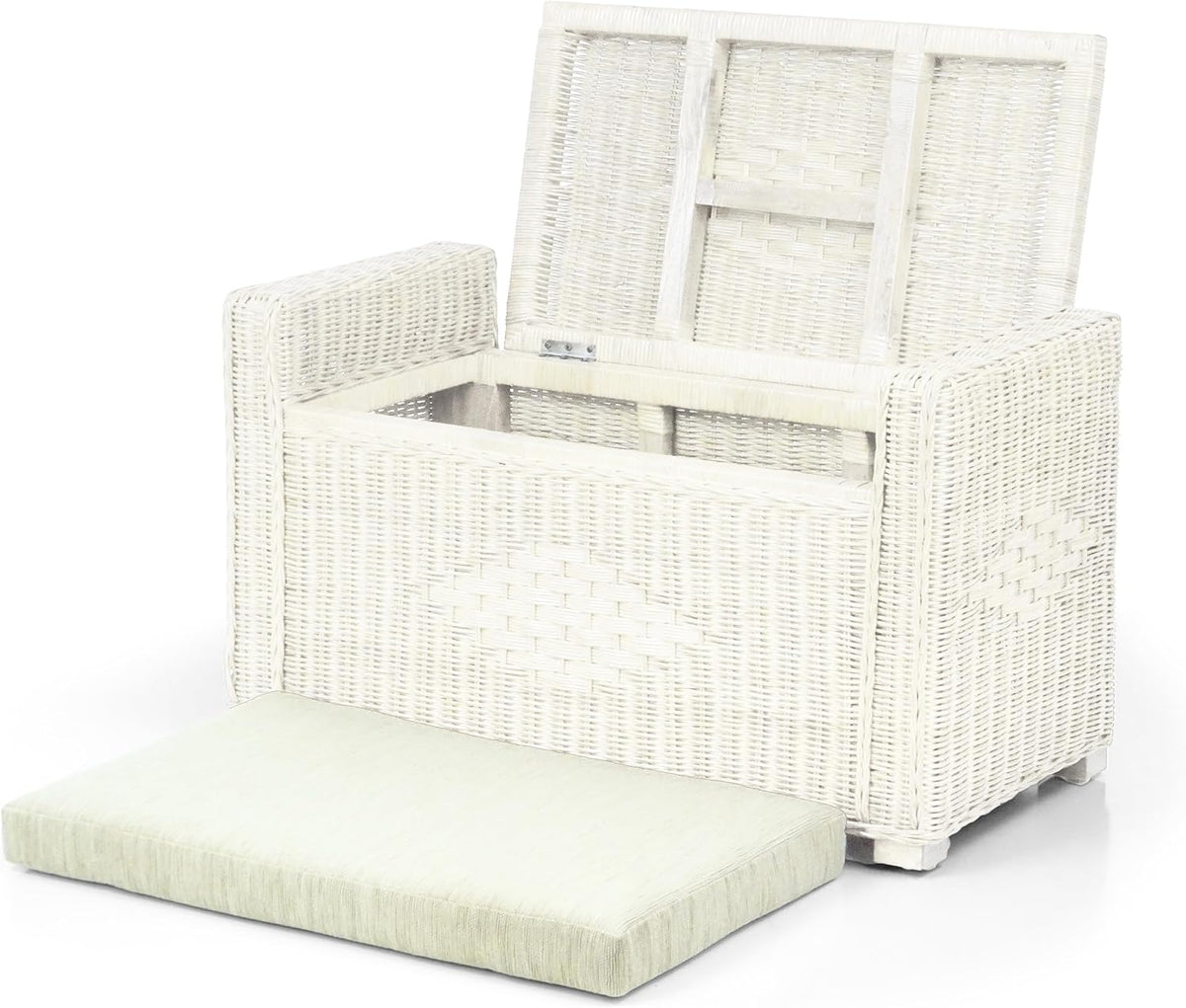 Bruno Handmade 32 Inch Rattan Wicker Chest Storage Trunk Organizer Ottoman W/Cushion White Color