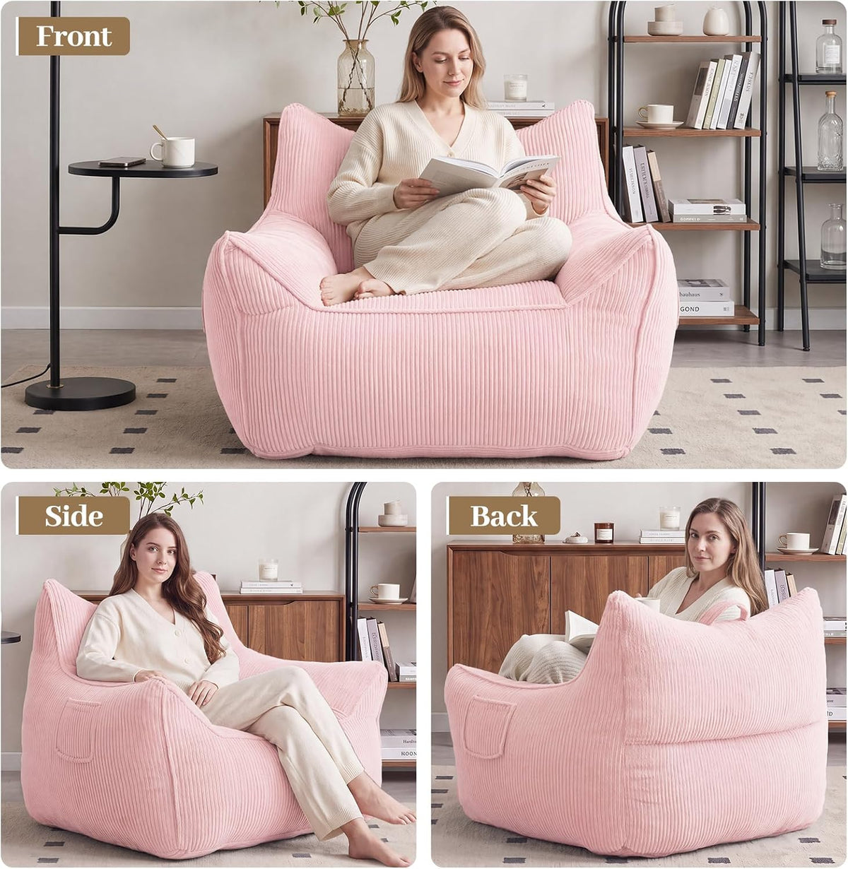 Vipbear Bean Bag Chair for Adults, Chair with Memory Foam | 35.5" Corduroy Beanbag Washable, Cozy Fluffy Chair with Pocket & Handle, Ergonomic Bedroom Sofa Chair for Gaming, Reading