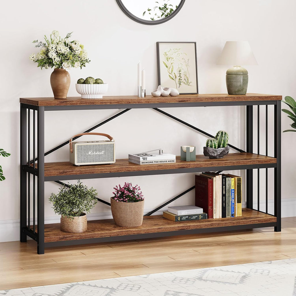 LVB Industrial Console Entryway Table, Metal Wood Rustic Brown, 55 in | Farmhouse 3 Tier Shelf Long Hallway Foyer Entry Tables Behind Couch, Sofa Table for Home Living Room Entryway