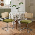 Velvet Dining Chairs Set of 2 Handwoven Rattan Back Upholstered Seat&Chrome Base Mid Century Kitchen Chair,for Dining Room,Living Room,Bedroom,Olive Green