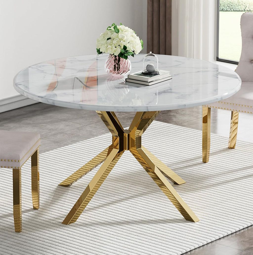 45" Marble Round Dining Table for 4 People, Modern Pedestal Kitchen Table with Mirrored Stainless Steel Cross Base & Faux Marble Top, Luxury Circle Dinner Table for Dining Room, Kitchen, Living Room