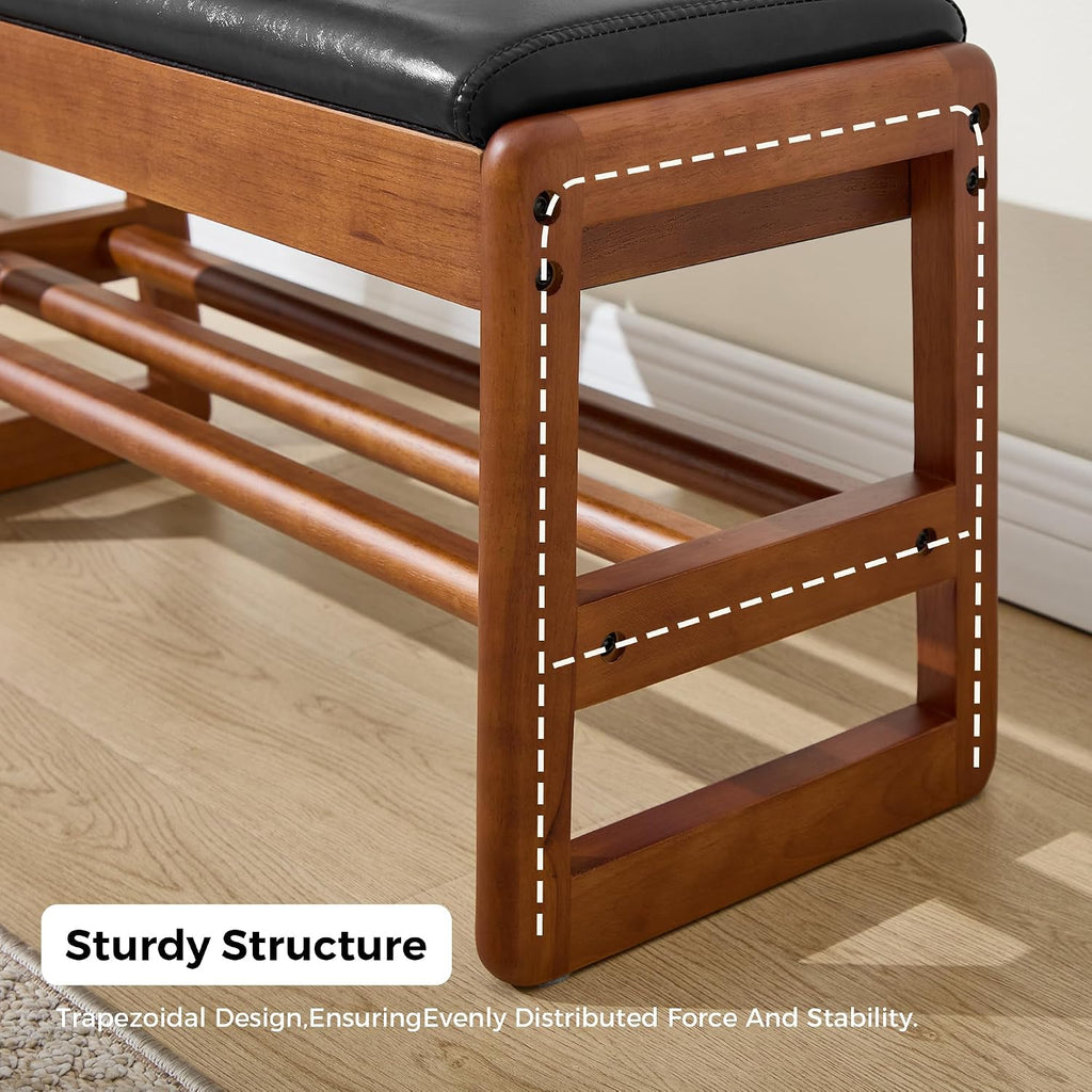 31.5" Shoe Rack Bench,2 Tiers Shoe Bench with Storage,Walnut Storage Bench with Faux Leather Cushion for Entrance Entryway Hallway PU Black