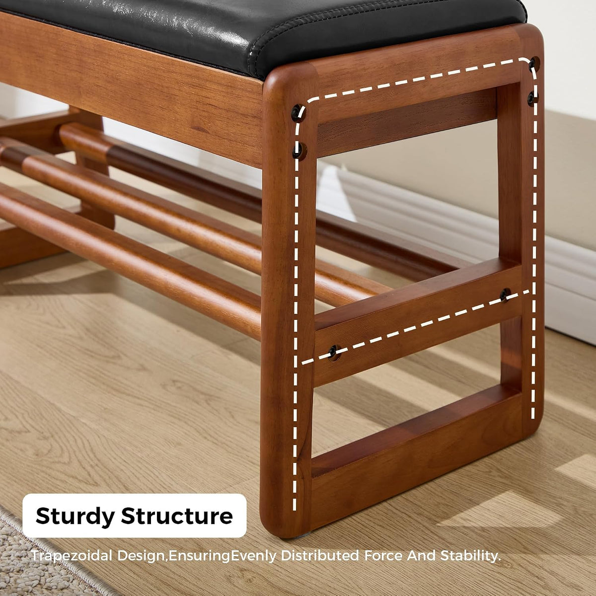 31.5" Shoe Rack Bench,2 Tiers Shoe Bench with Storage,Walnut Storage Bench with Faux Leather Cushion for Entrance Entryway Hallway PU Black