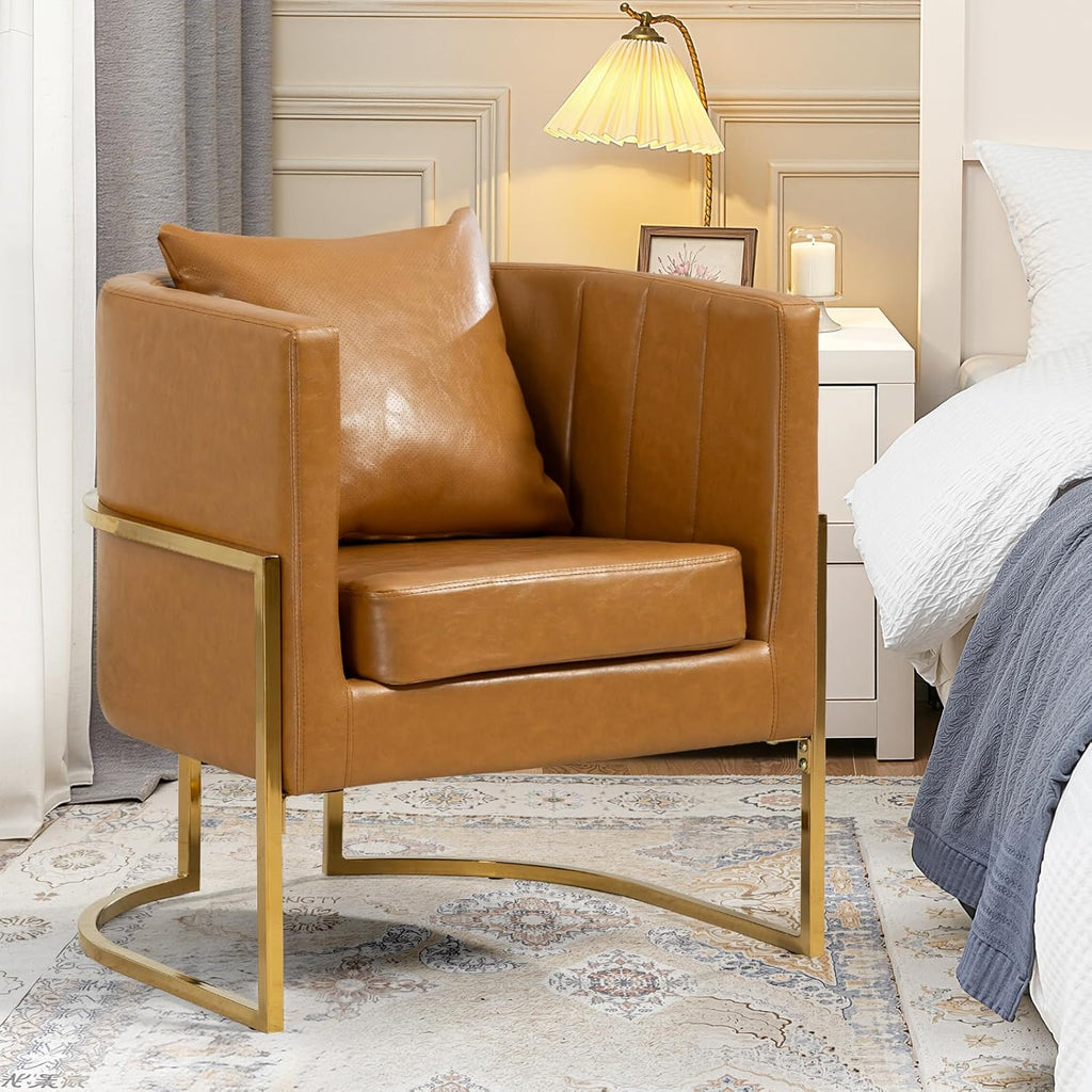 Leather Accent Chairs Set of 2, Mid Century Modern Upholstered Barrel Armchair with Pillow for Living Room, Comfy Single Vanity Chair with Metal Gold Legs for Bedroom, Orange