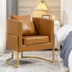 Leather Accent Chairs Set of 2, Mid Century Modern Upholstered Barrel Armchair with Pillow for Living Room, Comfy Single Vanity Chair with Metal Gold Legs for Bedroom, Orange