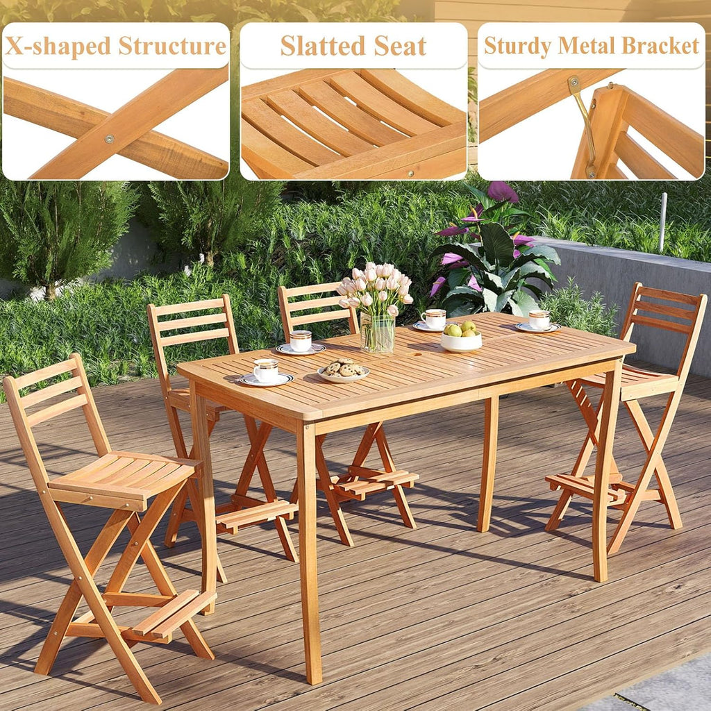 COSTWAY Outdoor Folding Bar Stool, Acacia Wood High Top Chairs with Slatted Backrest, Safety Lock, Space-Saving Patio Barstools for Backyard, Poolside, Garden, Balcony