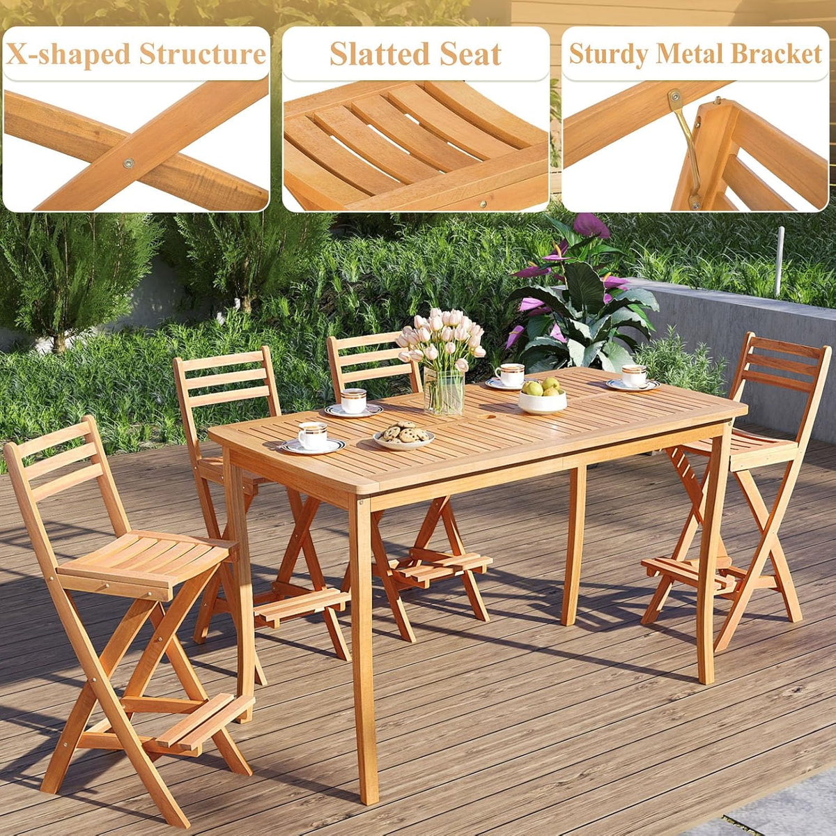 COSTWAY Outdoor Folding Bar Stool, Acacia Wood High Top Chairs with Slatted Backrest, Safety Lock, Space-Saving Patio Barstools for Backyard, Poolside, Garden, Balcony