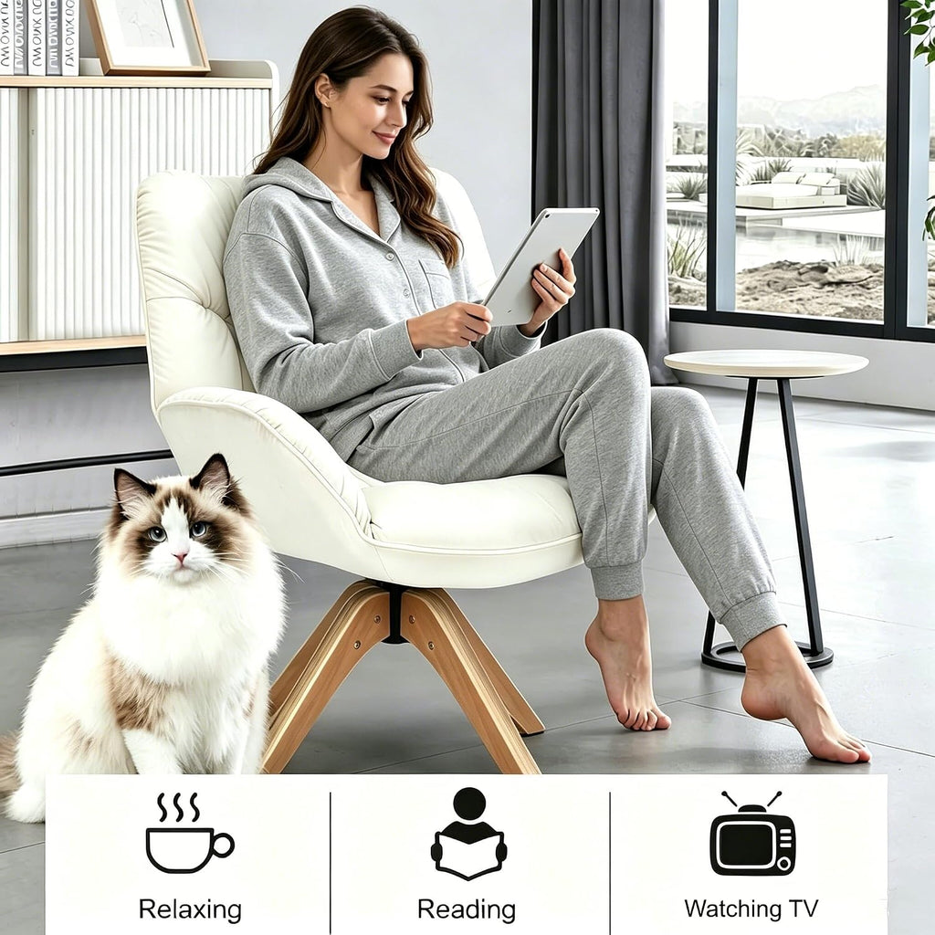 Mid Century Accent Chair No Wheel 360° Swivel Fabric Vanity Chair Wood Legs | Modern Cozy Vanity Chair No Wheel Wood Legs Upholstered Single Armchair for Living Room Bedroom Office Dining Room