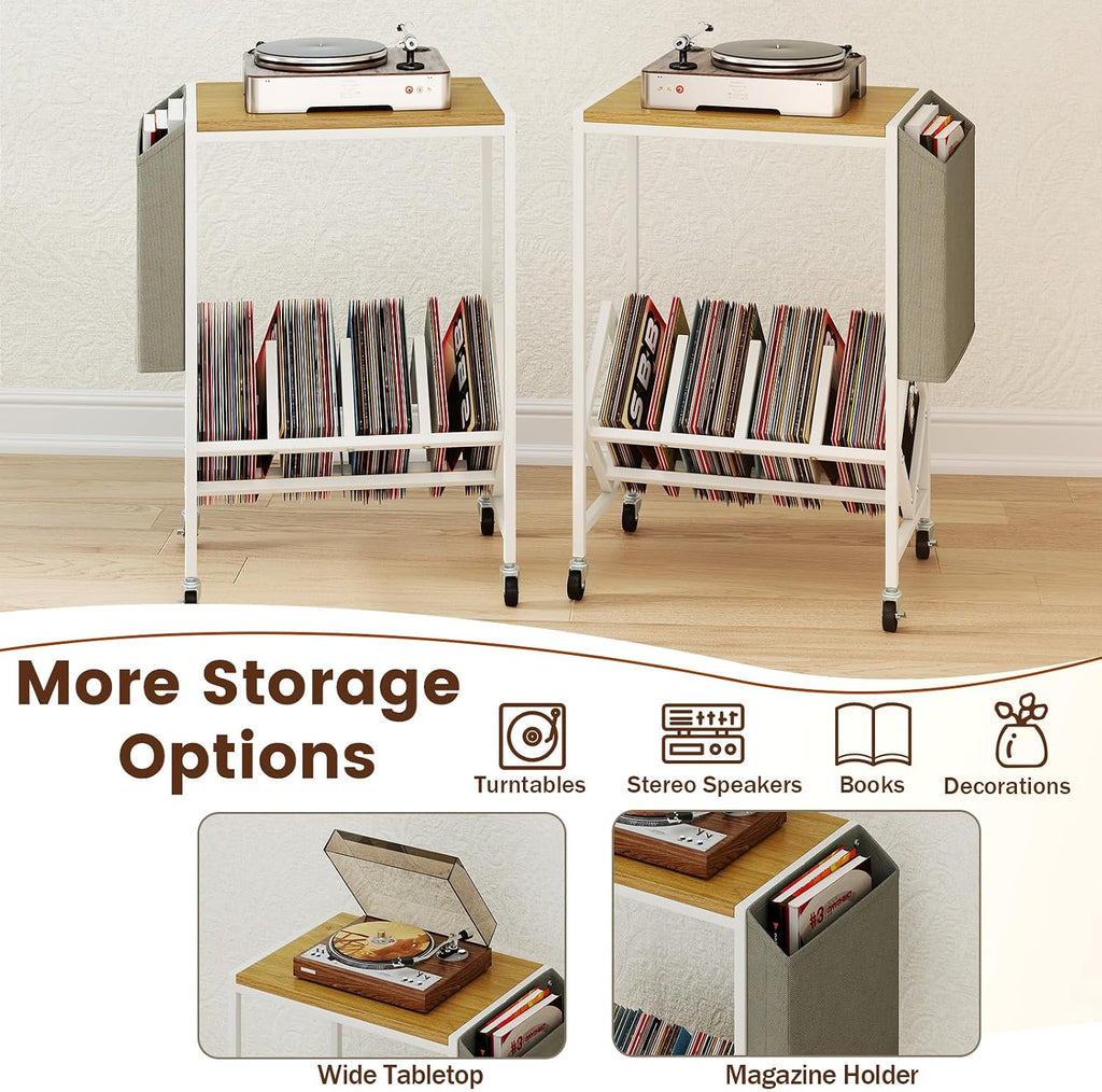 GOFLAME Rolling Record Player Stand, 2-Tier Turntable Stand with Fabric Side Pocket, Bottom Storage Shelf & Wheels, Movable Vinyl Storage Shelf for Living Room, Bedroom, Natural & White