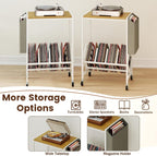 GOFLAME Rolling Record Player Stand, 2-Tier Turntable Stand with Fabric Side Pocket, Bottom Storage Shelf & Wheels, Movable Vinyl Storage Shelf for Living Room, Bedroom, Natural & White