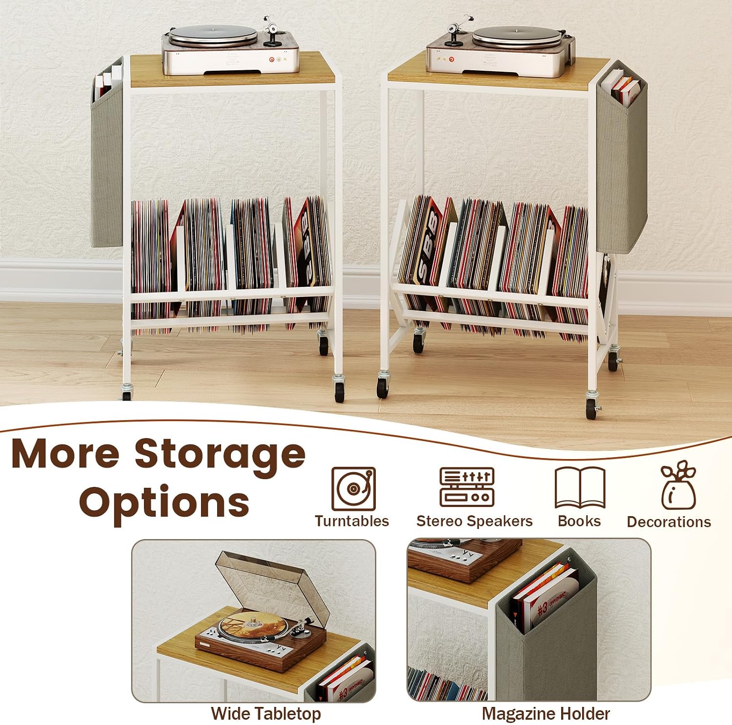 GOFLAME Rolling Record Player Stand, 2-Tier Turntable Stand with Fabric Side Pocket, Bottom Storage Shelf & Wheels, Movable Vinyl Storage Shelf for Living Room, Bedroom, Natural & White