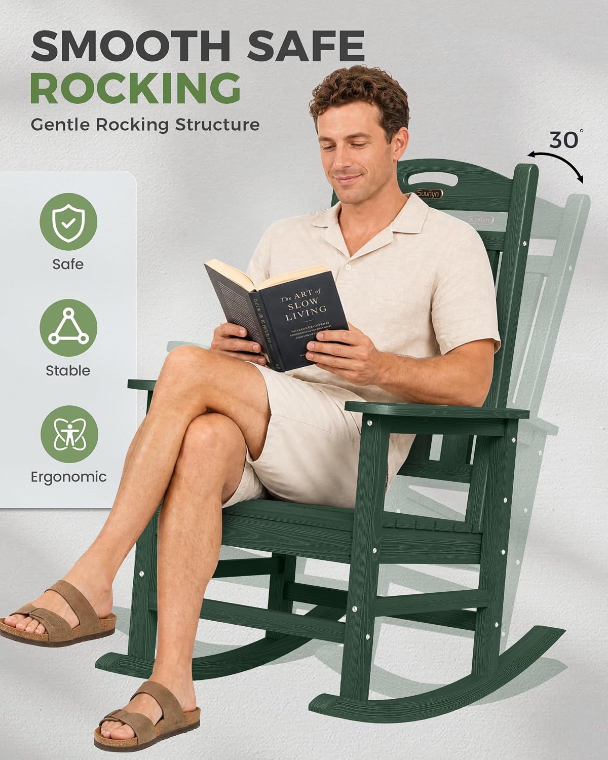 Oversized Outdoor Rocking Chair, High Back Porch Rocker Chair, HDPE All Weather Resistant Rocking Chairs for Patio, 380lbs Weight Capacity, Green