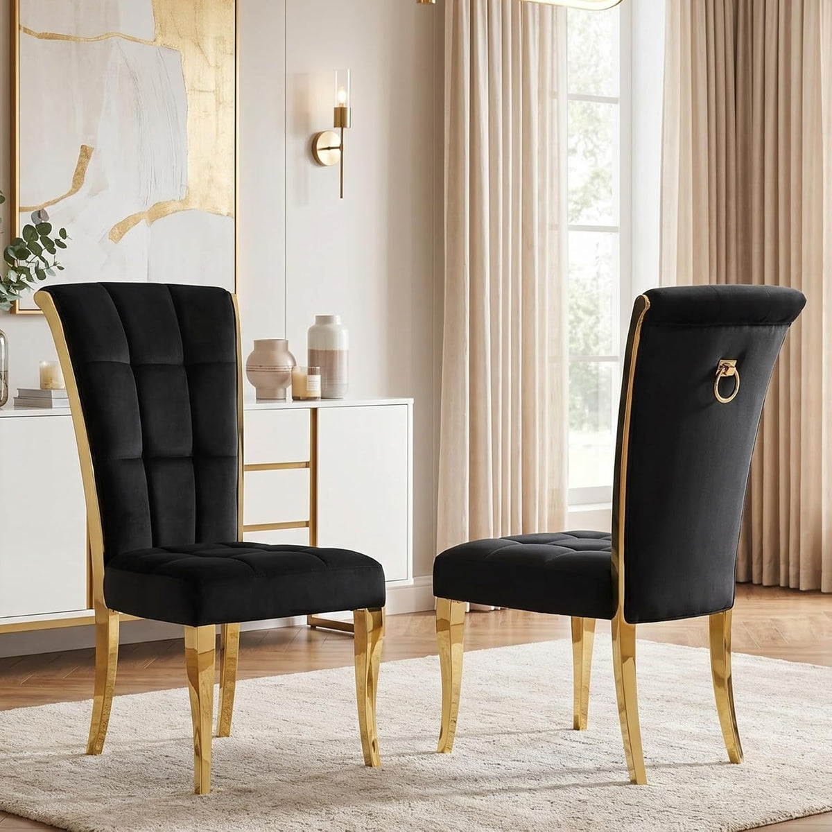 ACEDÉCOR Black and Gold Dining Chairs, Black Velvet Upholstered Chairs with Ring Pull, High Back Dining Chairs with Polished Gold Legs(Set of 2)