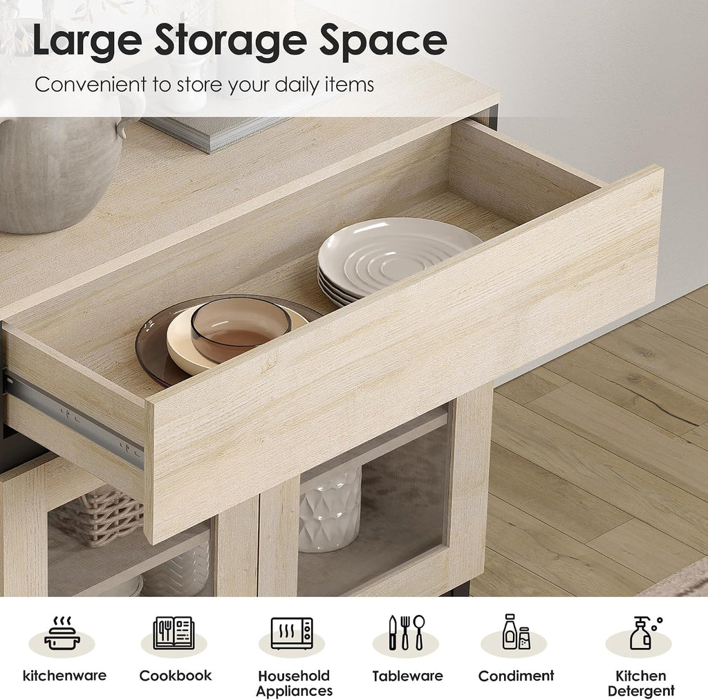 WAMPAT Sideboard Buffet Cabinets, Modern Credenza Sideboard with Adjustable Shelf and Metal Base, Coffee Bar Cabinet Accent Storage Cabinet for Living Room, Kitchen, Beige-B,3 Pcs