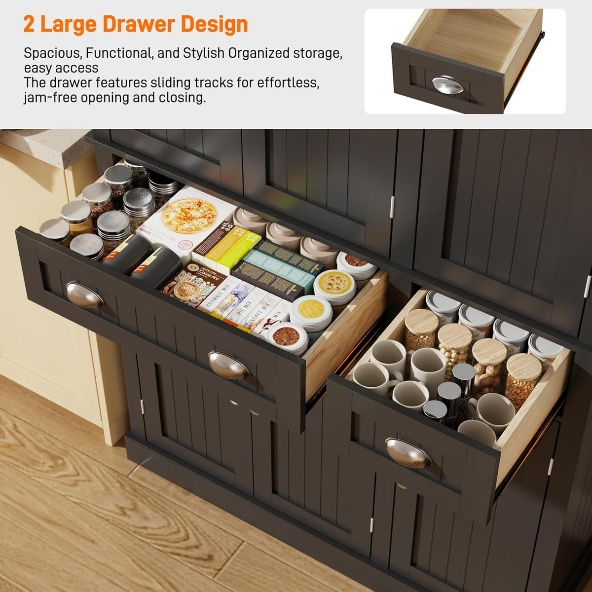71" Tall Kitchen Cabinet Pantry Storage,Modern Kitchen Hutch Cabinet with Doors and Adjustable Shelves,Large Freestanding Food Pantry with 2 Drawer for Dining Room, Living Room, Hallway,Black