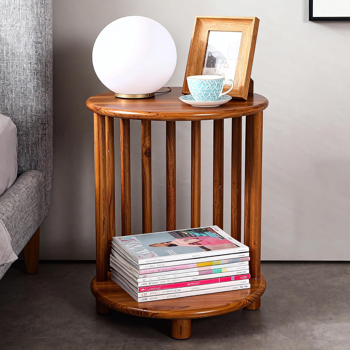 Round Teak End Table with Storage, Nightstand Sofa Side Table for Living Room Indoor/Outdoor Use, Accent Coffee Table for Patio Balcony Wooden Furniture, 15"x15"x19"