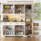 Tall Kitchen Pantry Cabinet with Carved Doors & Charging Station, Modern Storage Buffet with 4 Drawers and Adjustable Shelves, Coffee Bar Cabinet for Dining Room, White