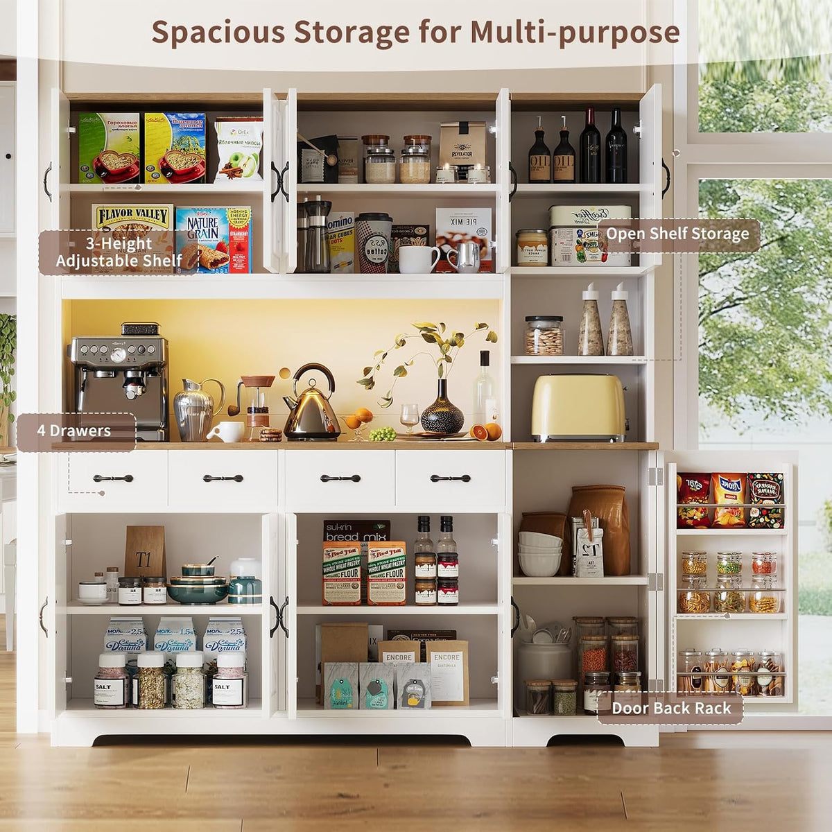 Tall Kitchen Pantry Cabinet with Carved Doors & Charging Station, Modern Storage Buffet with 4 Drawers and Adjustable Shelves, Coffee Bar Cabinet for Dining Room, White