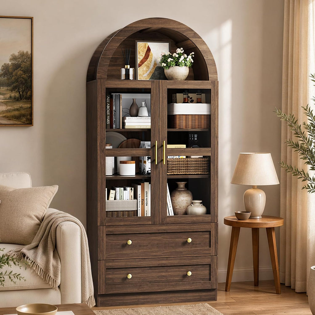 71" Tall Arched Kitchen Pantry Cabinet, Modern Farmhouse Kitchen Storage Cabinet with 2 Large Drawers & Acrylic Doors, Freestanding Versatile Cupboard for Living Room, Dining Room, Brown