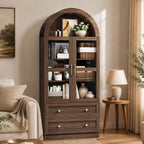 71" Tall Arched Kitchen Pantry Cabinet, Modern Farmhouse Kitchen Storage Cabinet with 2 Large Drawers & Acrylic Doors, Freestanding Versatile Cupboard for Living Room, Dining Room, Brown