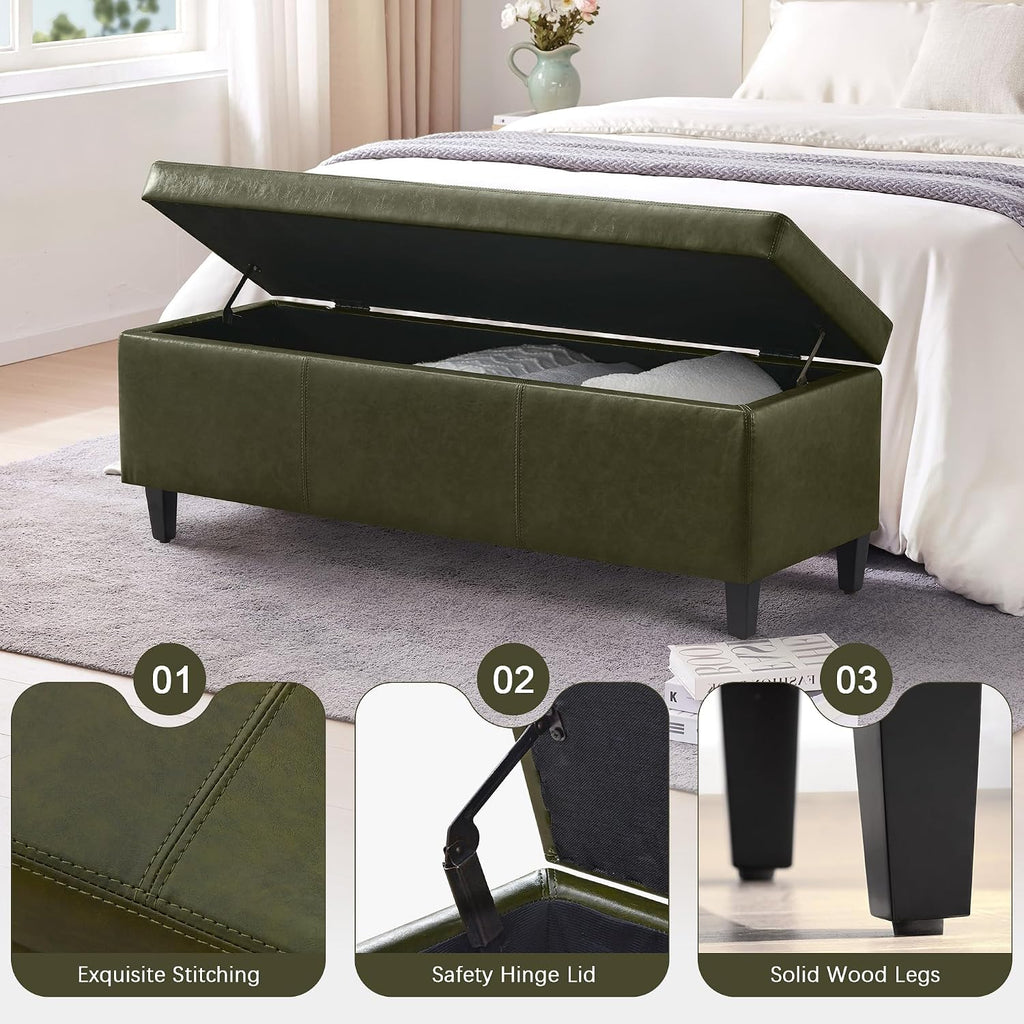 HUIMO Faux Leather Storage Ottoman Bench 50.3 Inch Extra Long PU Upholstered Bedroom Bench with Large Storage Space for The Living Room, Entryway, Bedroom Hold Up to 300lbs (Green)
