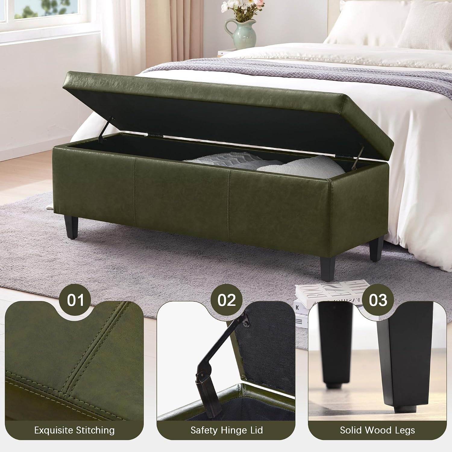 HUIMO Faux Leather Storage Ottoman Bench 50.3 Inch Extra Long PU Upholstered Bedroom Bench with Large Storage Space for The Living Room, Entryway, Bedroom Hold Up to 300lbs (Green)